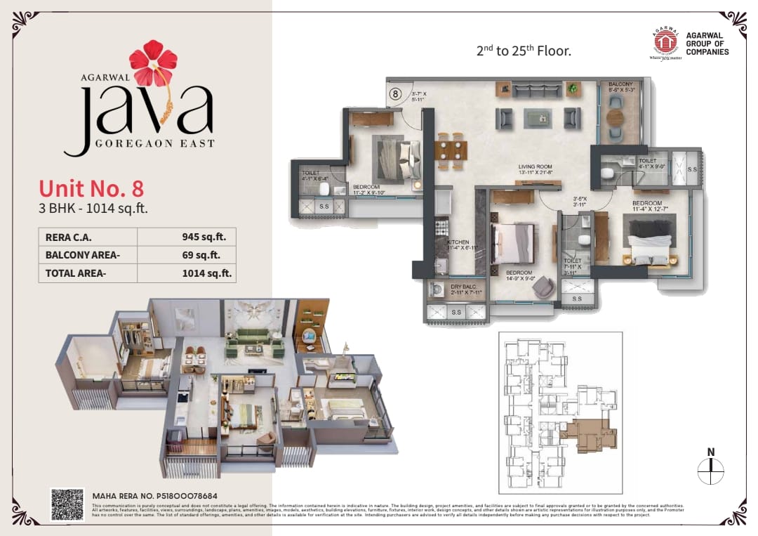 Agarwal Floresta Java Goregaon East - 3 BHK Floor Plan - 1014 sq.ft carpet Area