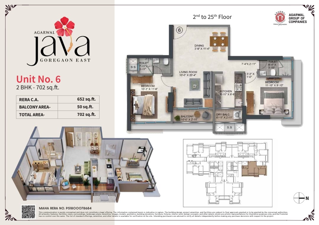 Agarwal Floresta Java Goregaon East - 2 BHK Floor Plan Type C - 702 Sq.Ft Carpet Area